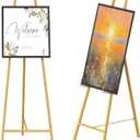 46" H Metal Square Tube Scroll Display Easel, Vintage Gold Decorative Large Adjustable Floor Standing Easel with Chain Support, Perfect for Showcasing Pictures, Artwork, Picture Frame Wedding Sign Etc