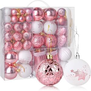 114ct Christmas Balls Ornaments for Xmas Tree - Shatterproof Small Christmas Tree Decorations Rose Gold Pink & White Balls Ornament Bulk, 1.18-4.7inches (Pink)
