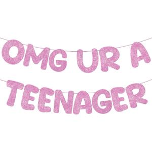 Fulmoon OMG Ur a Teenager Glitter Banner 13th Birthday Decorations Pre Strung 13th Birthday Banner for 13 Year Old Teen Birthday Party Favors Supplies(Pink)
