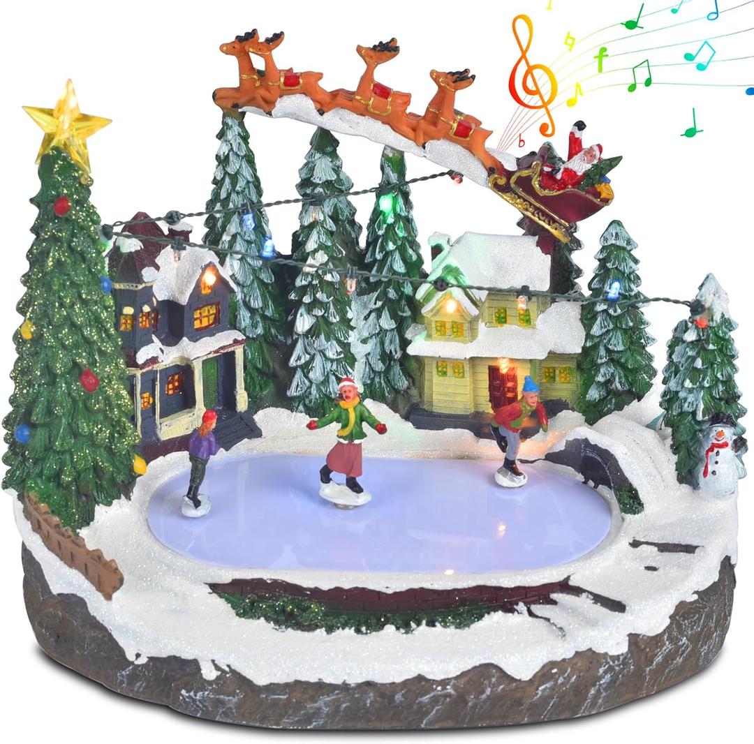 Christmas Village Ice Skating Pond Animated Decorations, Lighted Musical Winter Snow Village House Rink Building Figurine with Skaters Santa Sleigh and Reindeer, LED Light Up Holiday Indoor Town Decor