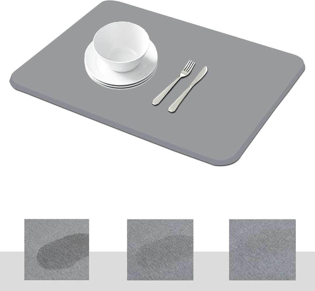 Stone Dish Drying Mat for Kitchen Counter, Quick Drying & Super Absorbent Diatomaceous Earth Dish Drying Pad, Heat Resistant, Non-Slip, Quickly Evaporate Water In Minutes (16x12 Inch, Grey)