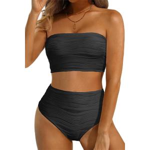 High Waisted Bandeau Bikini Set - Women Strapless Two Piece Swimsuits Ribbed Longline Full Coverage Bathing Suits Swimwear (Small, Black)
