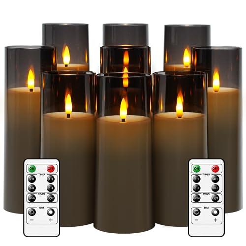 kakoya Flickering Flameless Candles Battery Operated with Remote and 2/4/6/8 H Timer Plexiglass Led Pillar Candles Pack of 9 (D2.3 xH 6" 7" 8") with Realistic Moving Wick Candles for Home Decor(Grey)