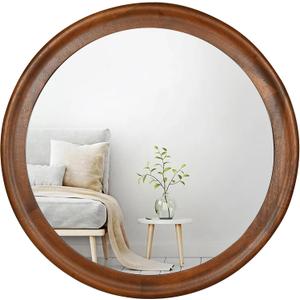 CULER Round Wall Mirrors 24 Inch,Wood Rustic Decorative Transitional Mirror with Walnut Frame for Wall,Farmhouse Hanging Vanity Mirror for Bathroom Bedroom Living Room or EntrywayWalnut Brown
