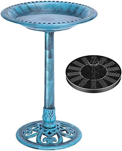 VIVOHOME Polyresin Antique Outdoor Blue Garden Bird Bath and Solar Powered Round Pond Fountain Combo Set