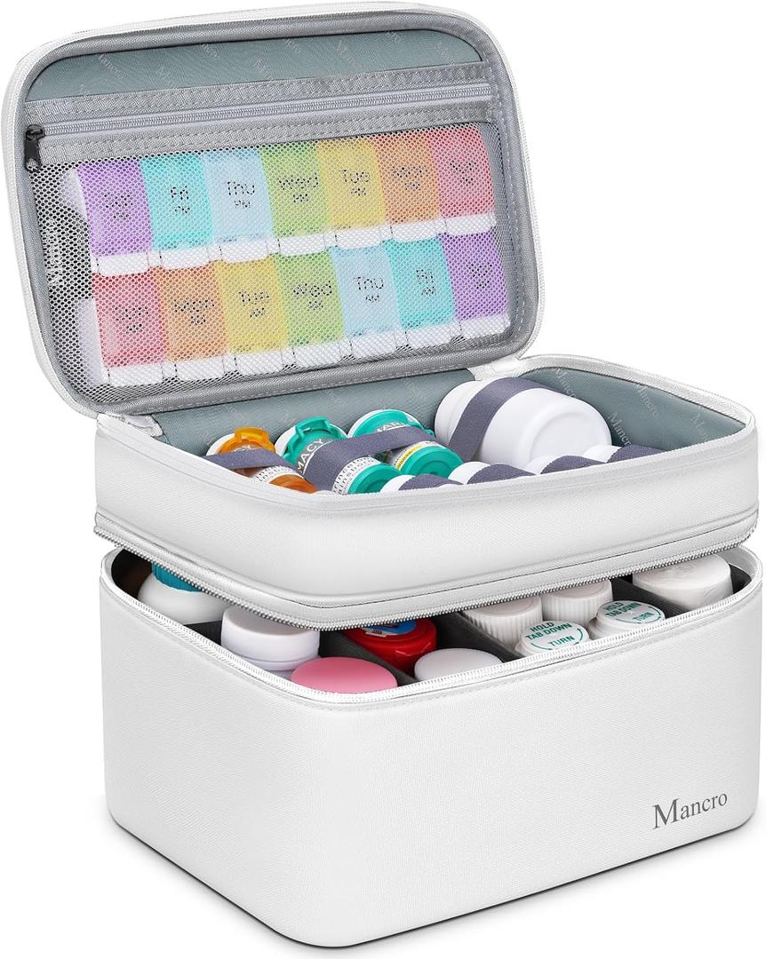 Mancro Dual Layers Medicine Organizer Bag, Pill Bottle Organizer Storage with Lockable Zipper, Medication Travel Bag for Pills, Vitamins, Medical Supplies for Home Storage, Travel, White (Standard)