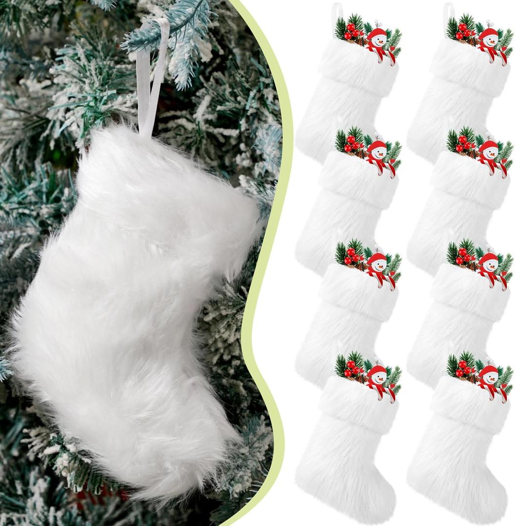 JOVITEC 8 Pieces 7 Inch White Christmas Stockings Faux Fur Snowy Christmas Stockings Xmas Fireplace Hanging Stocking Candy Gift Bags for Holiday Decorations