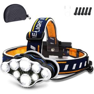 Rechargeable Headlamp, 8 LED Headlamp Flashlight 18000 Lumen 8 Modes with White Red Lights USB Cable, Waterproof Head Lamp for Outdoor Camping Cycling Running Fishing