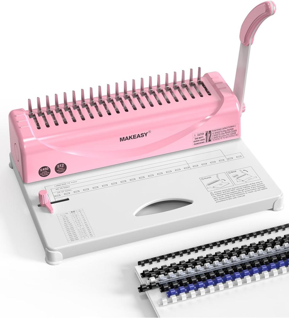 MAKEASY Binding Machine, 21-Hole, Comb Binding Machines with 100PCS Comb Bindings Spines, Comb Binder for Letter Size, A4, A5 Paper (Pink)