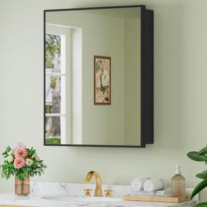 Buruis 24" x 30" Framed Medicine Cabinet with Mirror, Recessed or Wall Mounted Bathroom Cabinet, Adjustable Tempered Glass Shelves, Left/Right Open Reversible, No Assembly Required, Black, 24 x 30 inch Single Door