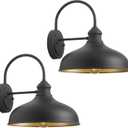 12in Farmhouse Barn Light Outdoor, 2 Pack Garage Exterior Matte Black Gooseneck Sconce with Brass Interior, Large Outside Porch Door Wall Mount Lights for Patio, Entryway, Balcony, 12" Dome