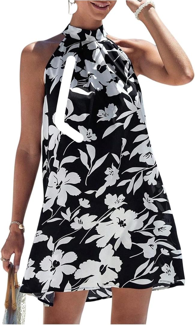 Floerns Women's Sleeveless Floral Print Sundress Halter Neck A Line Short Dress S