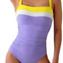 Eomenie Women's One Piece Swimsuit Tummy Control Ruched Bathing Suit Full Coverage Slimming Swimwear Color Block Swim Suit (Medium, Yellow-White-Purple)