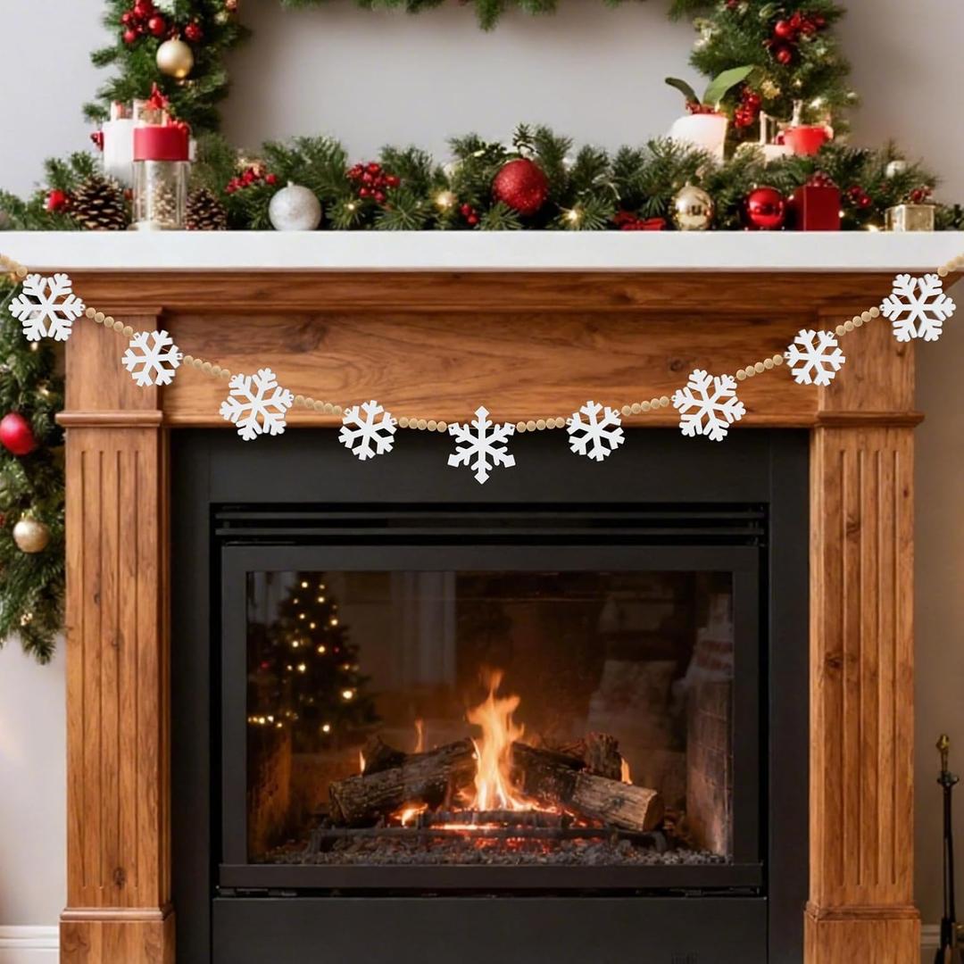 Christmas Snowflake Garland Wooden Christmas Snowflakes Decor 9PCS White Snowflake with Natural Color Wooden Beads DIY Winter Snowflakes Banner Garland Home Office Party Mantle Farmhouse Decor