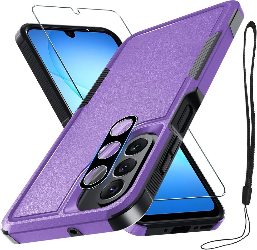 Case for Samsung Galaxy A17 5G Phone Cover with Screen Protector+Camera Lens Cover,Military Grade Heavy Duty Shockproof PhoneCase with Wrist Lanyard Strap for Sam A17,Lavender