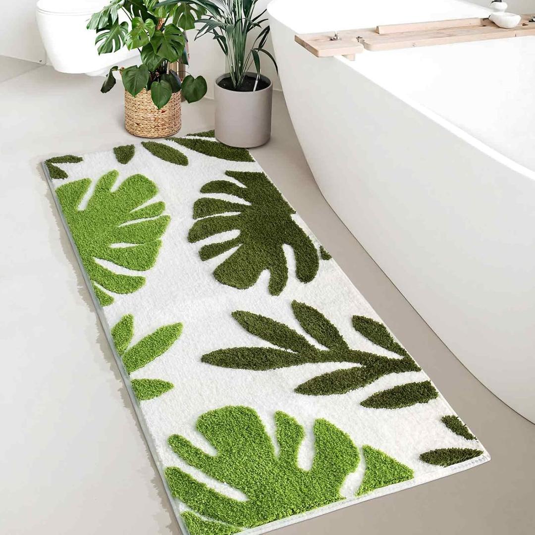 Bathroom Runner Rug Long Green Leaf Bath Mat Non Slip Microfiber Absorbent Washable Bath Rug Runner Boho Floor Carpet for Bathroom Shower 20x47