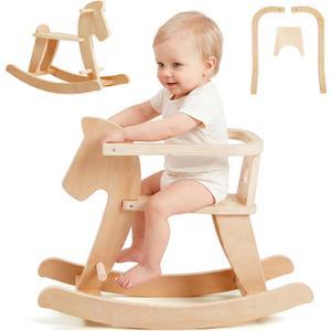 labebe - Wooden Rocking Horse, Baby Wooden Ride On Toys for 12M+, Classic Rocker Toy with Removable Fence, Toddler Riding Toy Indoor/Outdoor, Nursery Birthday Gift (Natural)