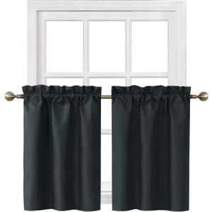 Home Queen Blackout Rod Pocket Tier Curtains for Small Window, Short Room Darkening Basement Curtains, Cafe Drapes, 2 Panels, 26 W x 30 L Inch Each, Black