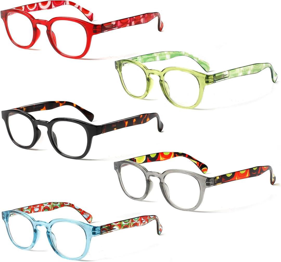 Kerecsen Reading Glasses 5 Pack Unisex Fashion Spring Hinge with Pattern Design Readers (5 Pack Mix Color-2)