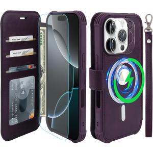 VANAVAGY Compatible for iPhone 16 Pro Max Wallet Case for Magsafe Wireless Charging, PU Leather Flip Case Wrist Strap [Screen Protector & Camera Lens Protector] with RFID Blocking Card Holder,Purple