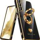 for Samsung Galaxy S22 5G Case, 360 Rotatable Ring Holder [Luxury Hearts Pattern] Plating Gold Edge Slim Soft Phone Cover Case for Galaxy S22 - Black