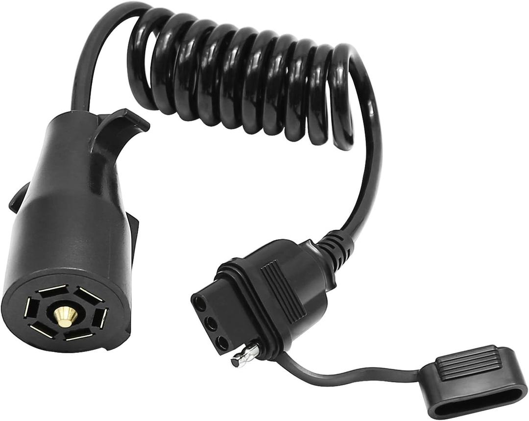 5ft 7 Way Round to 4 Way Pin Flat Trailer Connector Adapter Coiled Wiring Cable, 7 Pin Round to 4 Pin Flat Trailer Wiring Adapter Extension Harness for Truck RV Trailer 60inch