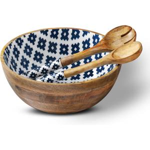 Folkulture Salad Bowl or Wooden Bowls with Serving Tongs, Large for Fruits, Cereal or Pasta, Large Mixing Bowl Set, 12" Diameter x 5" Height, Mango Wood, Blue