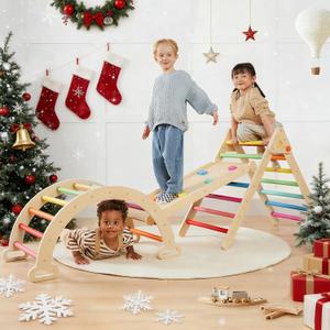 Tiny Land Pikler Triangle Set, 7-in-1 Foldable Pikler Triangle Climbing Toys Set for Kids,Baby Indoor Playground Jungle Gym, Wooden Montessori Climbing Set for Toddler (Rainbow) (Standard)