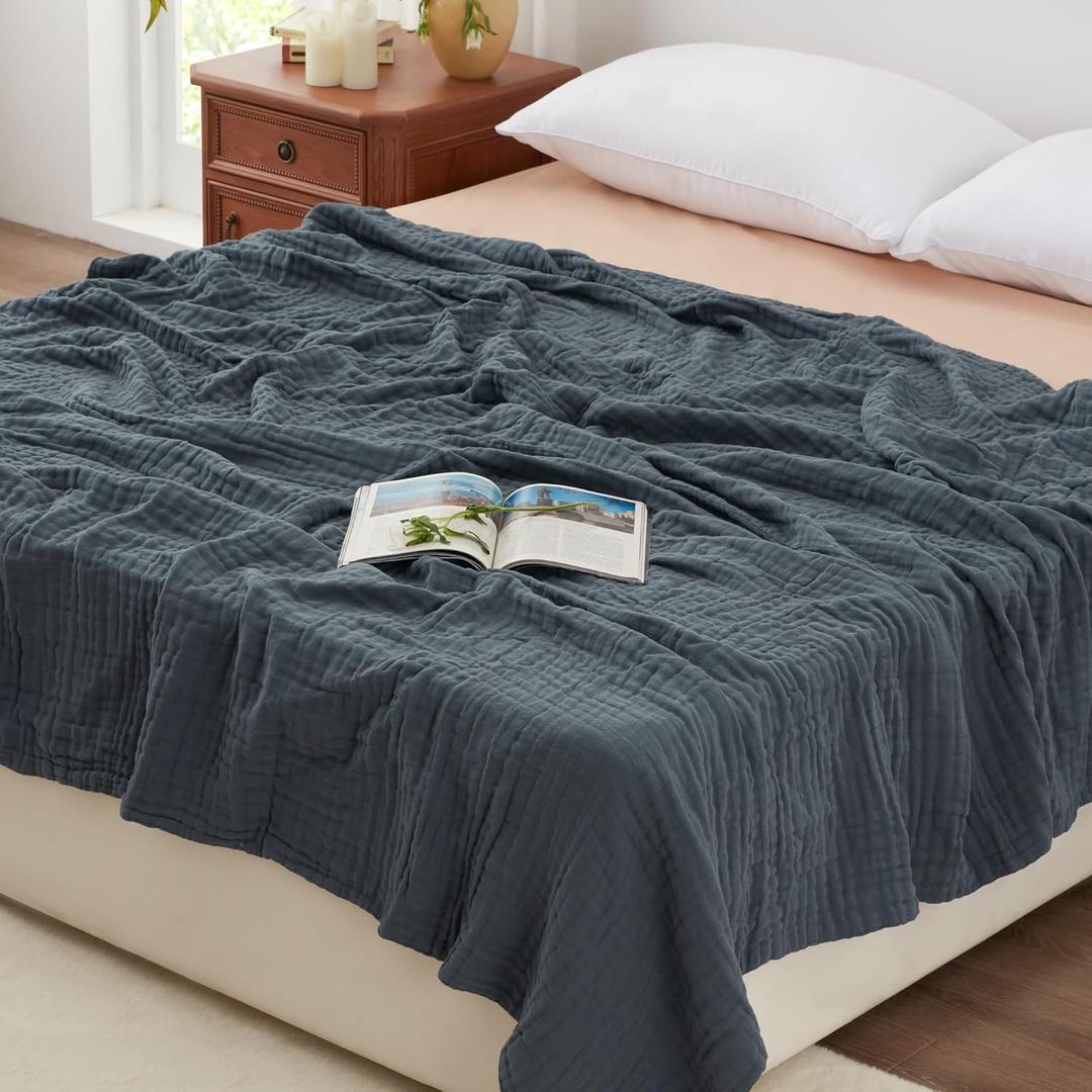 Love's cabin 6 Layer 100% Cotton Muslin Blanket, 90"x90" Muslin Blanket Queen for Couch Bed, Lightweight and Breathable Cotton Gauze for Adult, Dark Grey