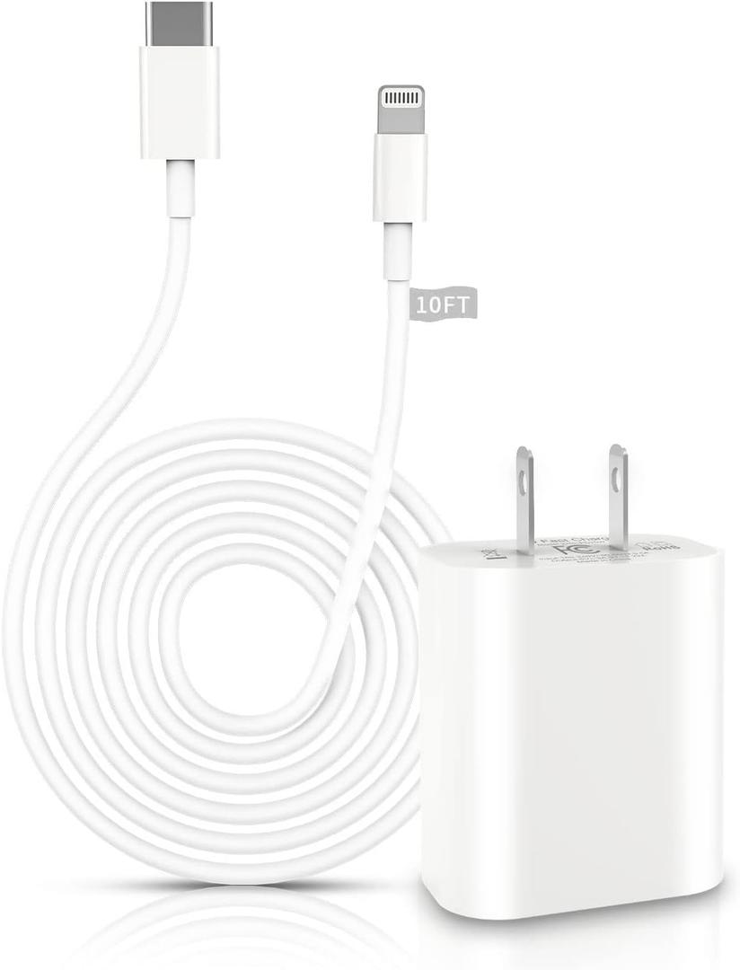 iPhone Fast Charger, [Apple MFi Certified] 20W PD USB C Wall Charger Block with 10FT Extra Long Type C to Lightning Charging Data Sync Cable Compatible for iPhone 14 13 12 11 XS XR X 8 iPad (White)