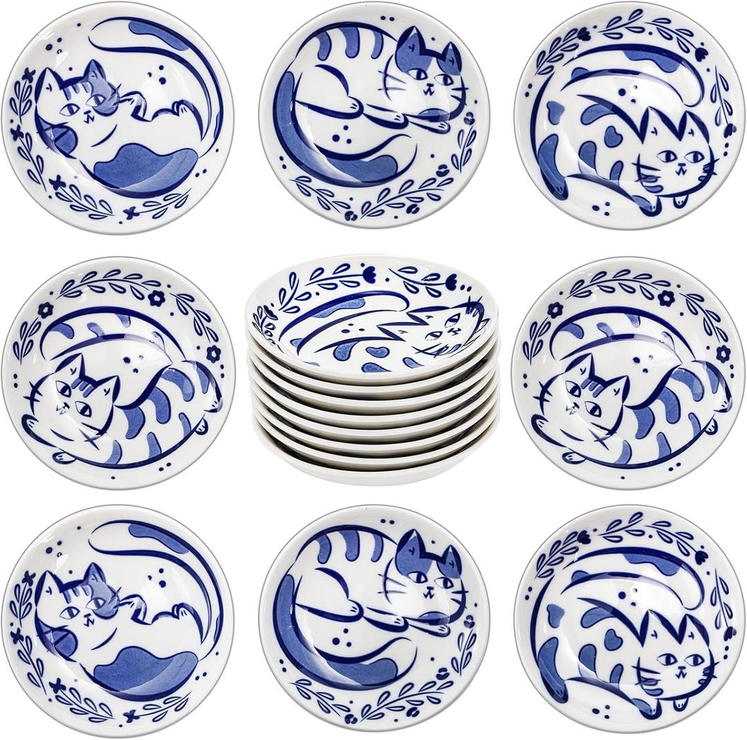 Set of 8 Dipping Bowls, 4 Inch Ceramic Cat Design Soy Sauce Dish, 3 Oz Small Serving Bowls, Appetizer Plates for Side Dishes, Sushi, Condiments, Blue and White, Microwave & Dishwasher Safe