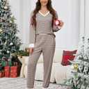 JUSTFASHIONNOW Women's Pajama Sets 2 Piece Striped Lounge Sets Long Sleeve Top and Pants Soft Sleepwear Pjs 2026 Fall Outfits (Brown, XXL)