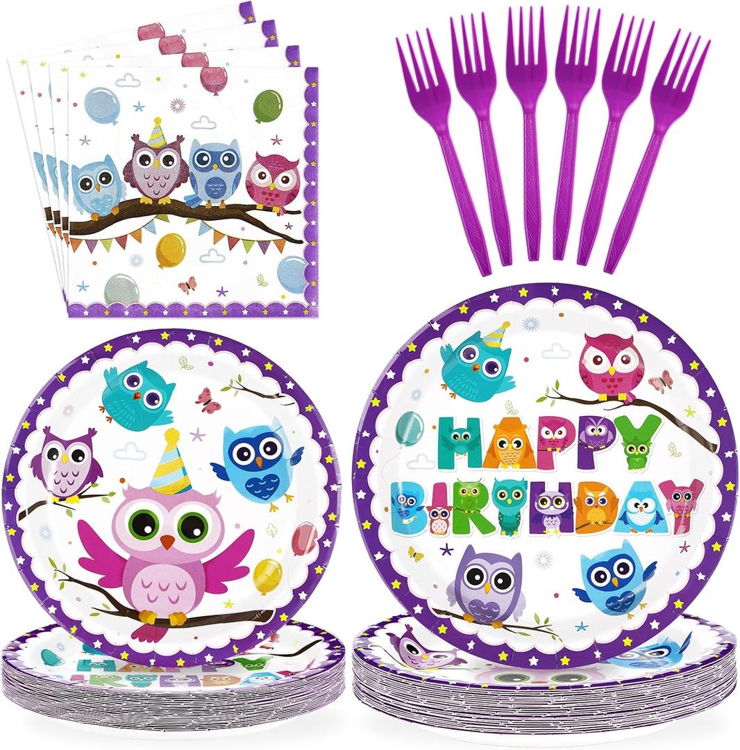 96 Pcs Owl Birthday Party Supplies Cute Cartoon Owl Paper Plates and Napkins Disposable Animal Owl Theme Tableware Set Owl Birthday Party Decorations for Kids Boys Girls Birthday Baby Shower Serves 24