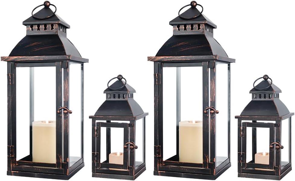NEEDOMO Bronze Metal Lanterns Decorative Outdoor & Indoor, Set of 4 (17" & 10") with Glass, Candle Holder for Porch, Patio, Garden, Balcony, Wedding, Table Centerpiece Decorations