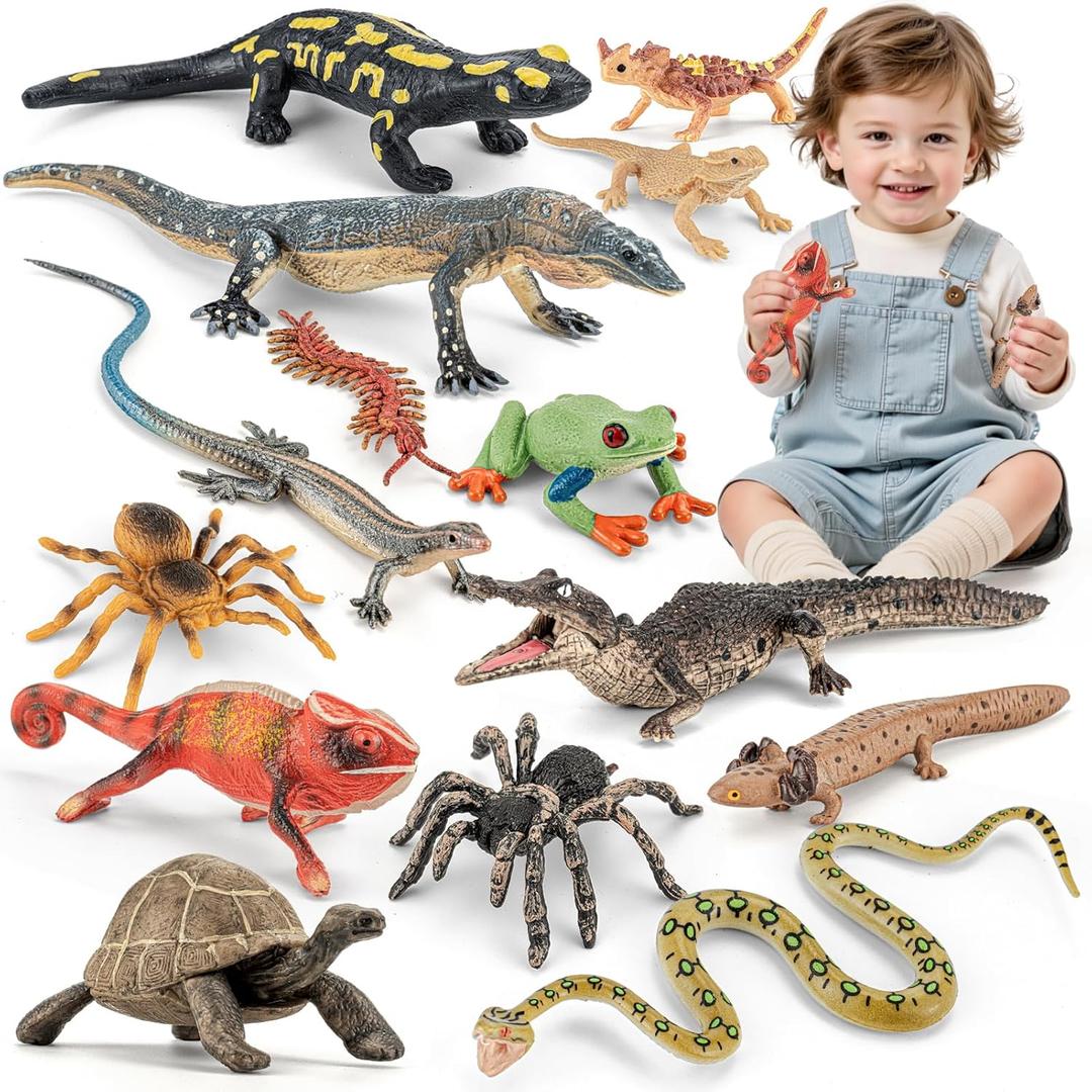THINKBAY 14PCS Reptile Animal Figurines Toys, Amphibians Diorama Toys with Axolotl,Horned Lizard,Snake,Spider,Chameleon,Fire Salamander,Crocodile Rainforest Animal Figurines Toy Party Favor for Kids