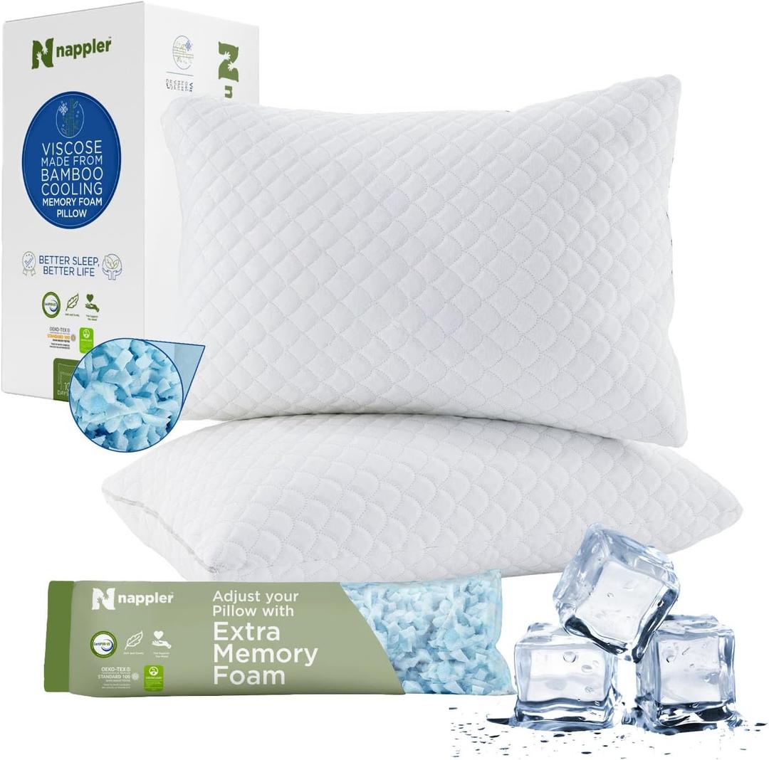 Cooling Pillow for hot Sleepers - Bed Pillows King Size Premium Set of 2 - Supportive Breathable Adjustable Shredded Memory Foam - Medium to Firm Pillows for Back, Stomach & Side Sleepers (Bamboo White)