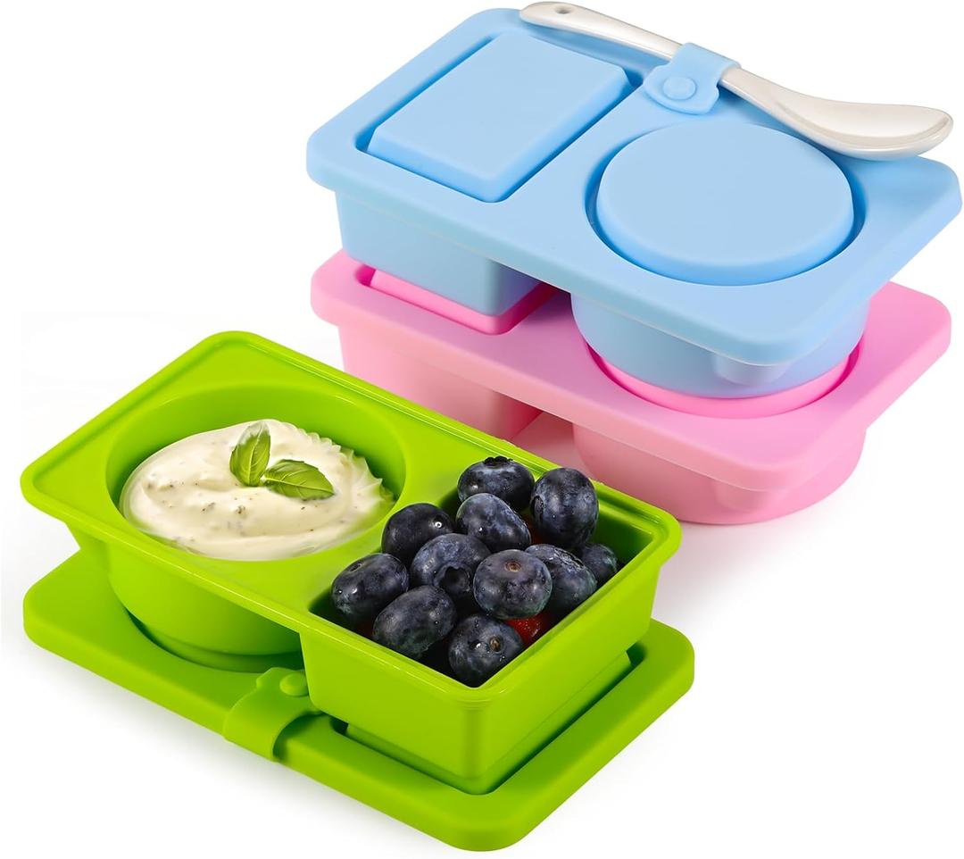 3 Pack Silicone Reusable Snack Containers with Lids, Mini Dual Compartment Food Storage, Salad Dressing Sauce Seasoning Container, Small Snack Boxs for Travel, Office, Picnic