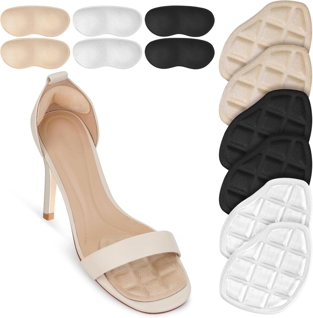 Metatarsal Pads, Ball of Foot Cushions, Heel Pads Inserts for Too Big Shoe, Reduce Foot Pain, No Slip Heel Grips Liners Pads for Loose Shoe (Black+Beige+Clear)