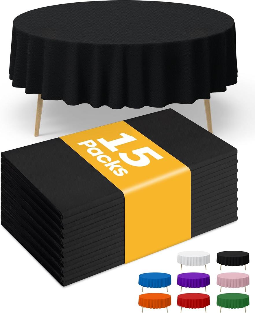 Niuara Black Plastic Table Cloth - 15 Pack 84" Round Disposable Tablecloths for Round Tables, Table Cover for Holiday Parties & Gatherings
