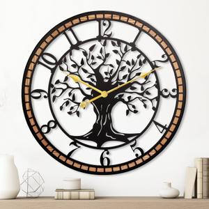 Wall Clock,24" Large Wall Clock for Living Room Decor,Tree of Life and Wooden Frame Design,Non-Ticking Battery Operated,for Dining Room,Bedroom,Kitchen,Office Arabic Decoration