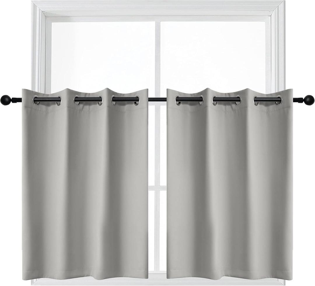 YGO 24 inch Tier Curtains for Kitchen-Thermal Insulated Blackout Grommet Top Window Tiers for Cafe (Light Grey, 2 Panels, 52 W by 24 L)