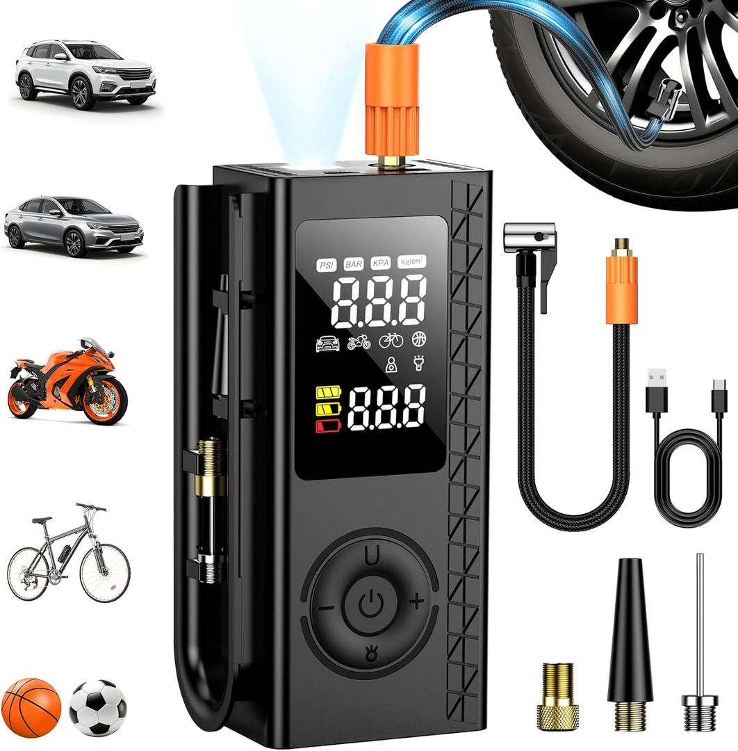 Tire Inflator Portable Air Compressor, 150PSI Cordless Air Pump For Car Tires, Bike Pump, Motorcycle, Balls with Digital Pressure Gauge, LED Light and Auto Shut-Off Function, Car Accessories, Black