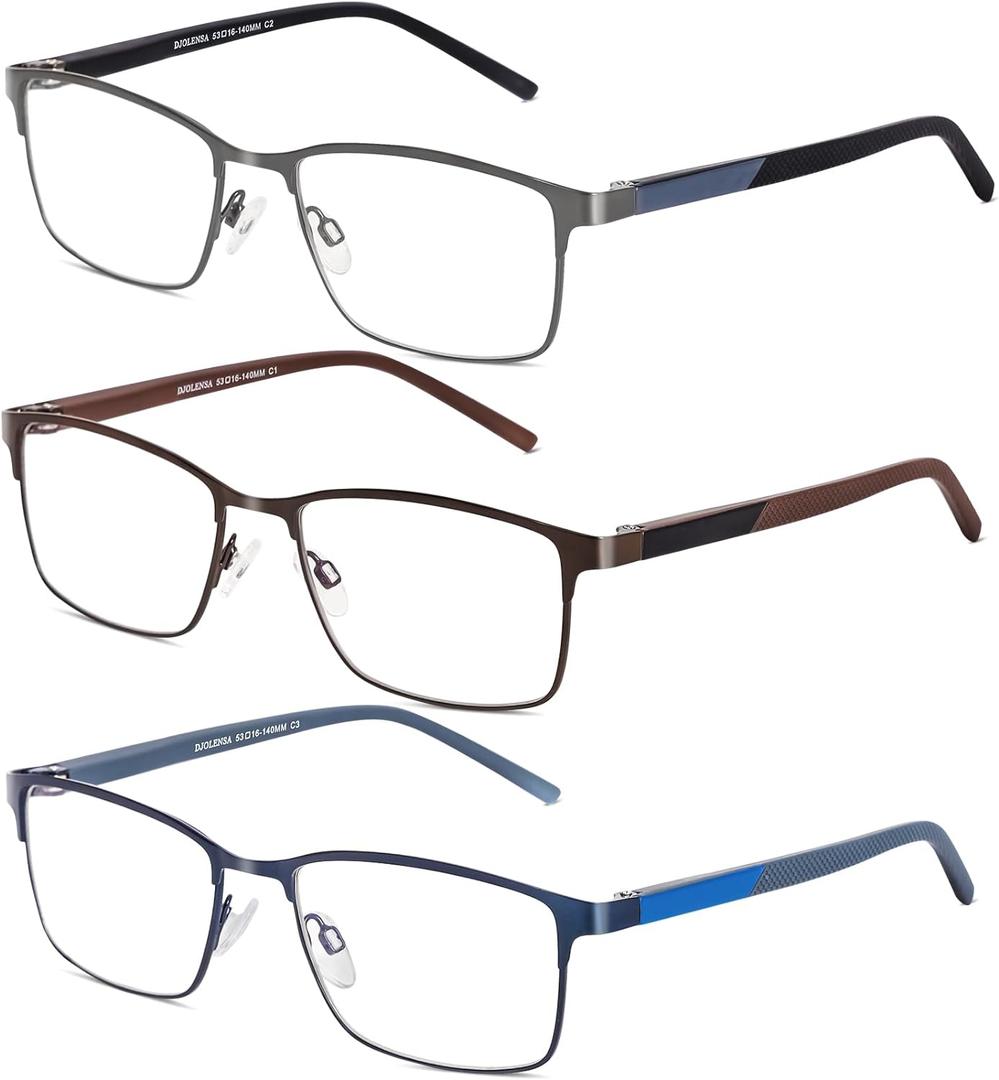 3 Pack Reading Glasses Men, Blue Light Blocking Reading Glasses 4.0, Anti Eyestrain/Glare/UV, Metal Frame Spring Hinge Computer Readers with Pouches (4.0+) Gun/brown/blue