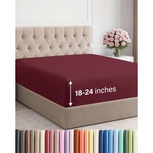 Extra Deep Cal King Fitted Sheet - Hotel Luxury Single Fitted Sheet Only - Easily Fits 18 inch to 24 inch Mattress - Ultra Soft, Wrinkle Free with Extra Deep Pockets - Breathable & Comfy - Burgundy