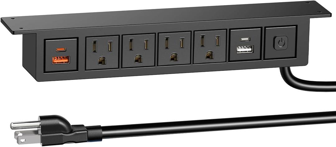 Under Desk Power Strip with 20W USB C, QBA 8-in-1 Desk Outlet Station, 4 AC Outlets, 2 USB-C, 2 USB-A, 6FT Cable, Desk Mount Power Strip for Home Office Conference, ETL Listed(Black)