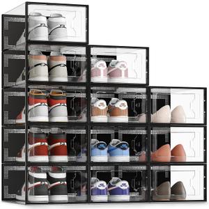 SEE SRPING XX-Large Shoe Storage Box Fit Size 14, Clear Plastic Stackable Shoe Organizer for Closet, Shoe Rack Sneaker Containers Bins Holders, Drawer Organize Unit, 12 Pack Black (XX-Large Fit Size 14)