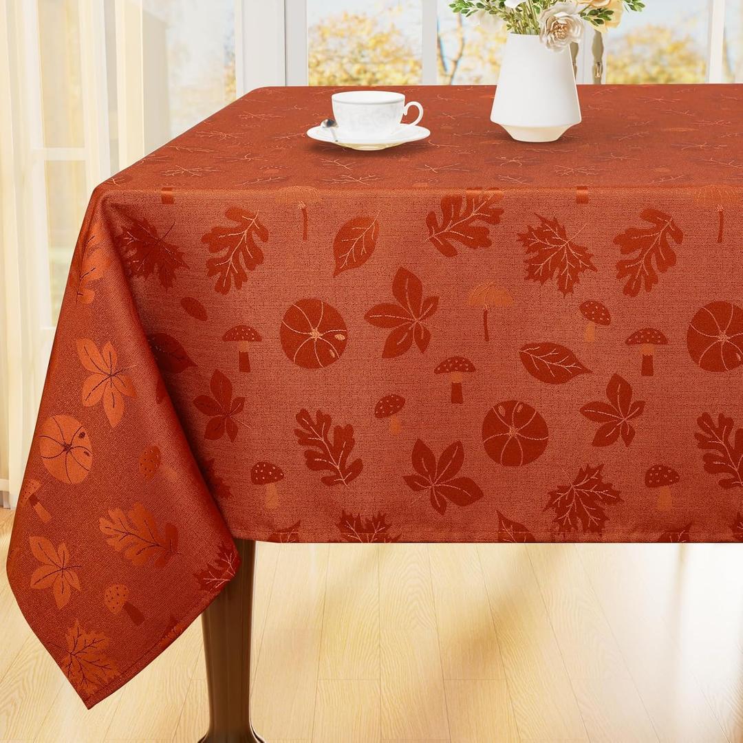 Thanksgiving Tablecloth Rectangle 60x102 Inch, Waterproof Autumn Pumpkin Mushroom Jacquard Table Cloth, Damask Fabric Table Covers for Harvest Parties, and Fall Decor, Terracotta