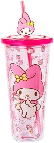 Silver Buffalo Sanrio My Melody Pink Strawberry Pattern Plastic Cold Cup with Lid and Topper Straw 24 Ounces