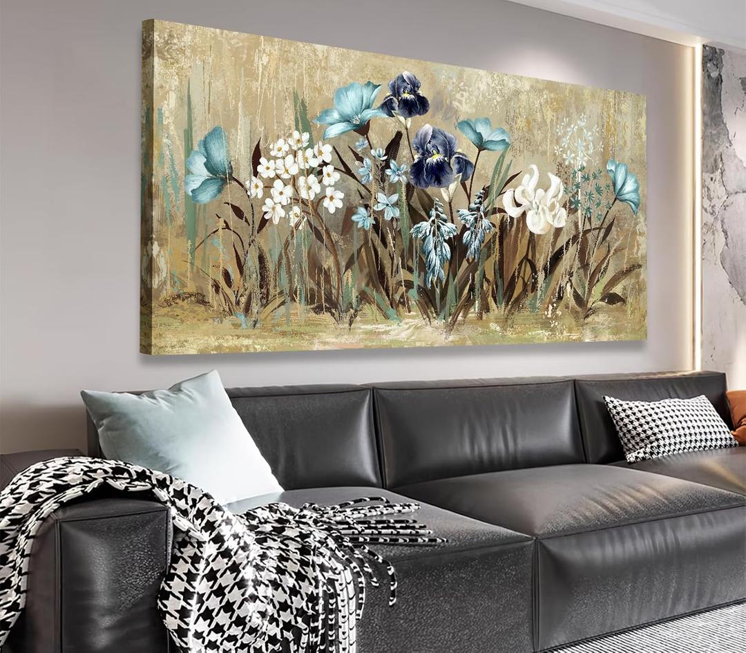 VEAEE Flowers Canvas Wall Art - Floral Canvas Pictures, Living Room Wall Decor, Wildflowers Botanical Canvas Prints Painting Abstract Artwork Bedroom Office Kitchen Home Decoration 24"x 48" (Brown Rustic Floral)