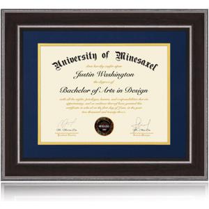11x14 Diploma Frames 8.5x11 with Blue Mat, Fits Degree Certificate Document, 14 x 11 Walnut Color Frame with Plexiglass Panel for Wall Mounting or Tabletop Display
